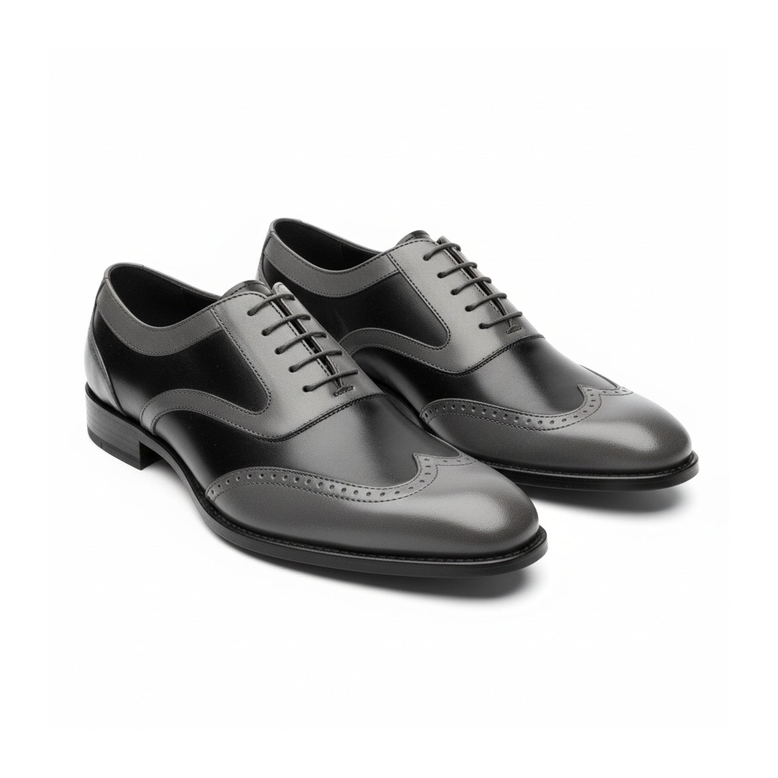 three-quarter-view - Men's Black & Gray Leather Wingtip Formal Shoes