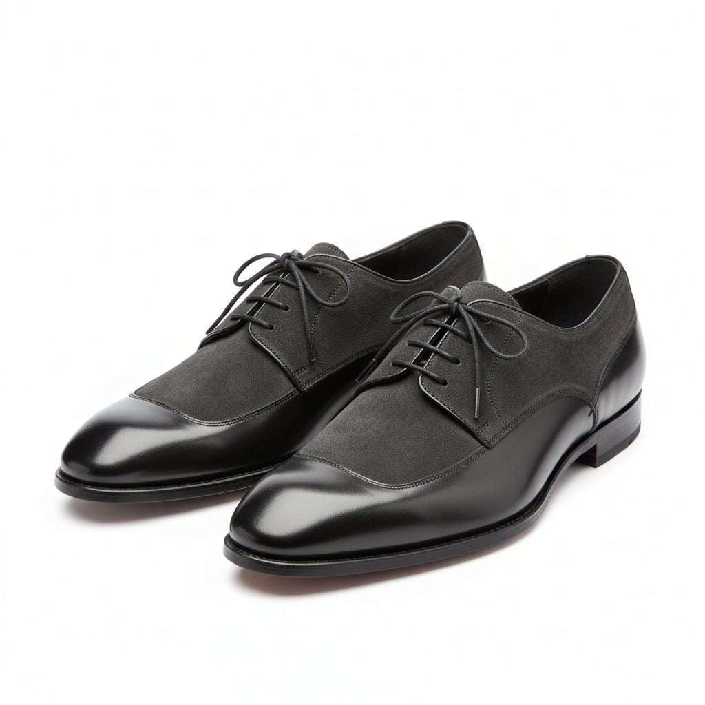 Men's Black Gray Moccasin Business Shoes, Real Leather Suede - three-quarter-view