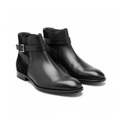 three-quarter-view - Men's Black Leather Ankle Boots with Monk Closure
