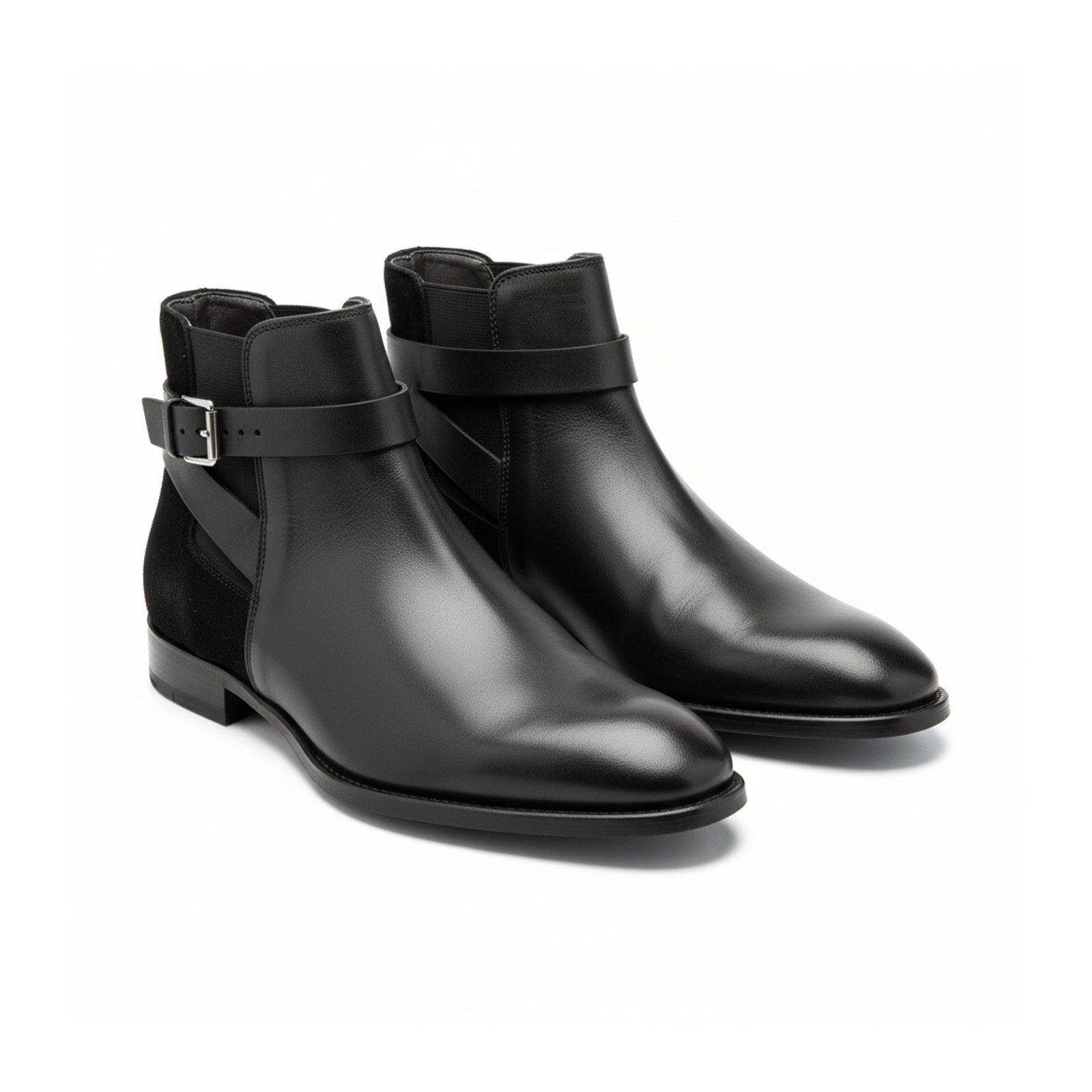 three-quarter-view - Men's Black Leather Ankle Boots with Monk Closure