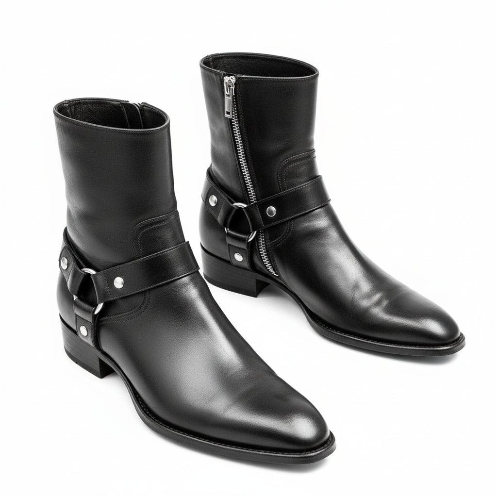 Men's Black Leather Ankle Boots with Side Zipper - three-quarter-view