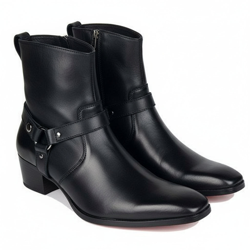 Men's Black Leather Ankle Designer Boots - three-quarter-view