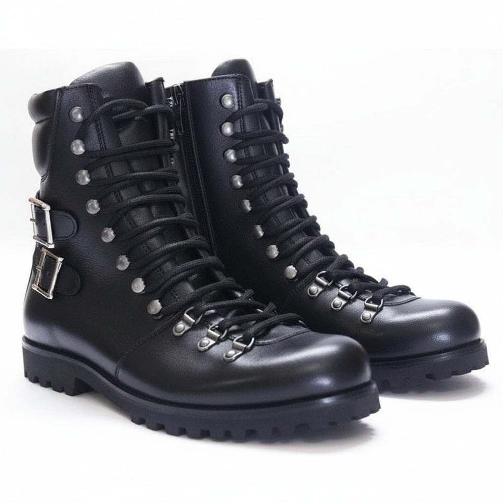 Men's Black Leather Biker Ankle Boots - three-quarter-view