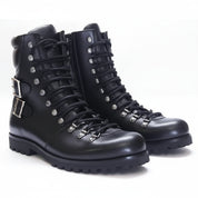 Men's Black Leather Biker Ankle Boots - three-quarter-view
