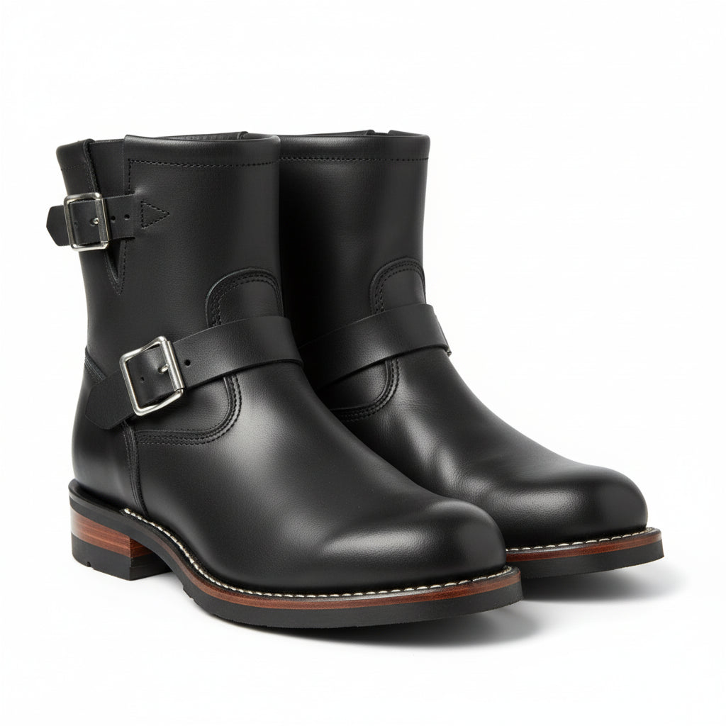 Men's Black Leather Biker Rider Boots - three-quarter-view