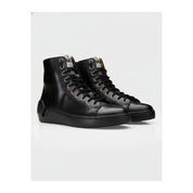 three-quarter-view - Men's Black Leather Biker Sneakers