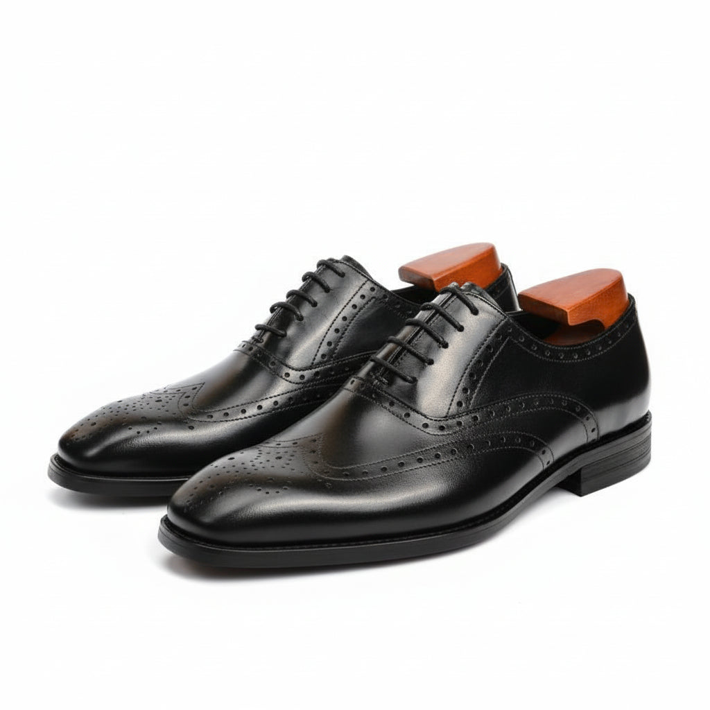 three-quarter-view - Men's Black Leather Brogue Wingtip Dress Shoes