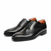 three-quarter-view - Men's Black Leather Brogue Wingtip Dress Shoes