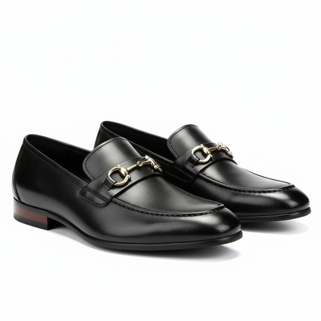 three-quarter-view - Men's Black Leather Buckle Loafers