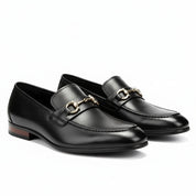 three-quarter-view - Men's Black Leather Buckle Loafers