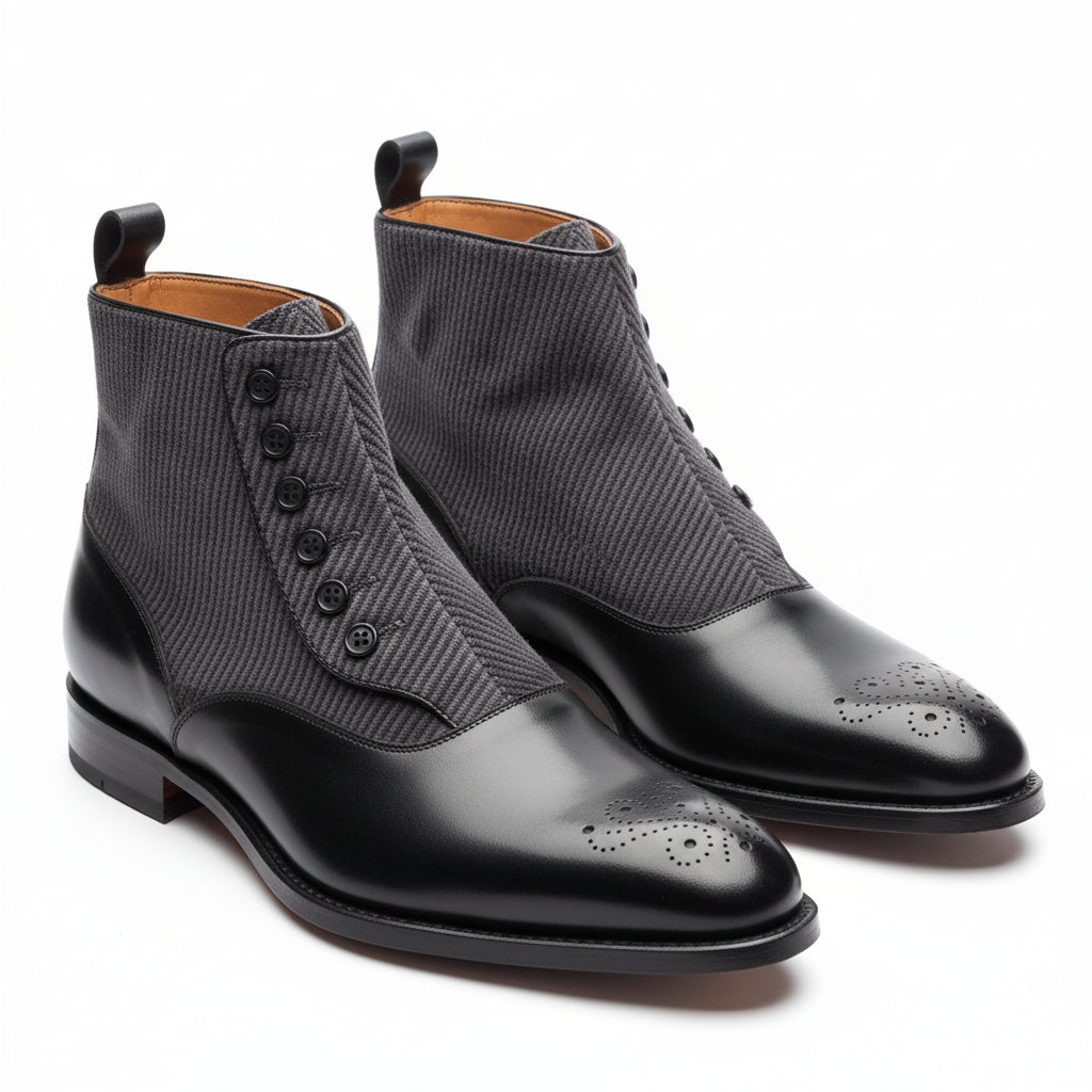 three-quarter-view - Men's Black Leather Button Boots with Two-Toned Design