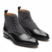 three-quarter-view - Men's Black Leather Button Boots with Two-Toned Design