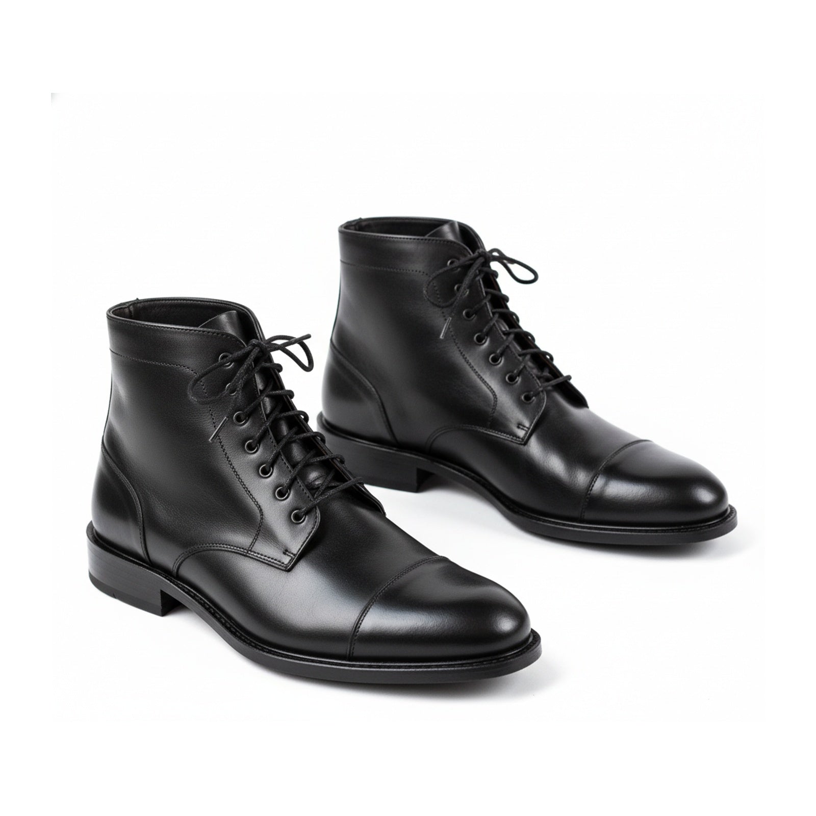 three-quarter-view - Men's Black Leather Cap Toe Ankle Boots