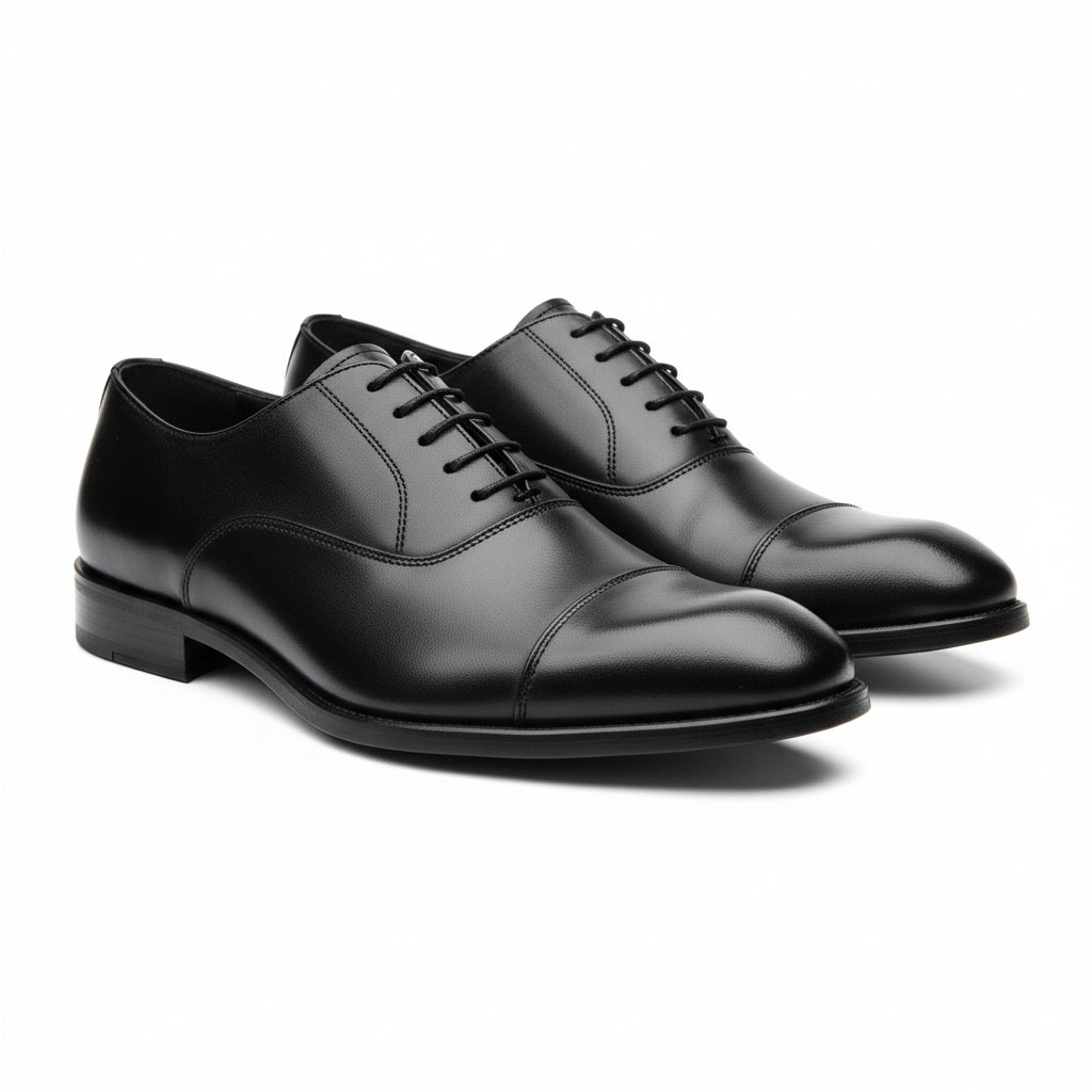 three-quarter-view - Men's Black Leather Cap-Toe Derby Shoes