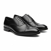 three-quarter-view - Men's Black Leather Cap-Toe Derby Shoes