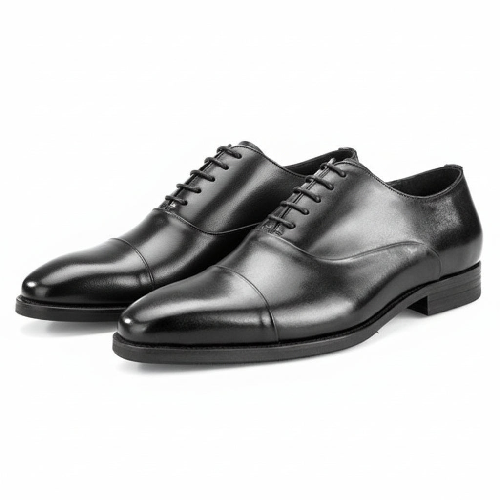 three-quarter-view - Men's Black Leather Cap-Toe Dress Shoes