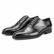 three-quarter-view - Men's Black Leather Cap-Toe Dress Shoes
