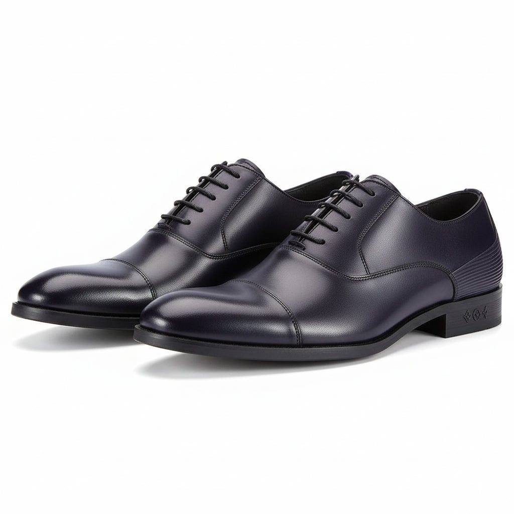 three-quarter-view - Men's Black Leather Cap Toe Dress Shoes