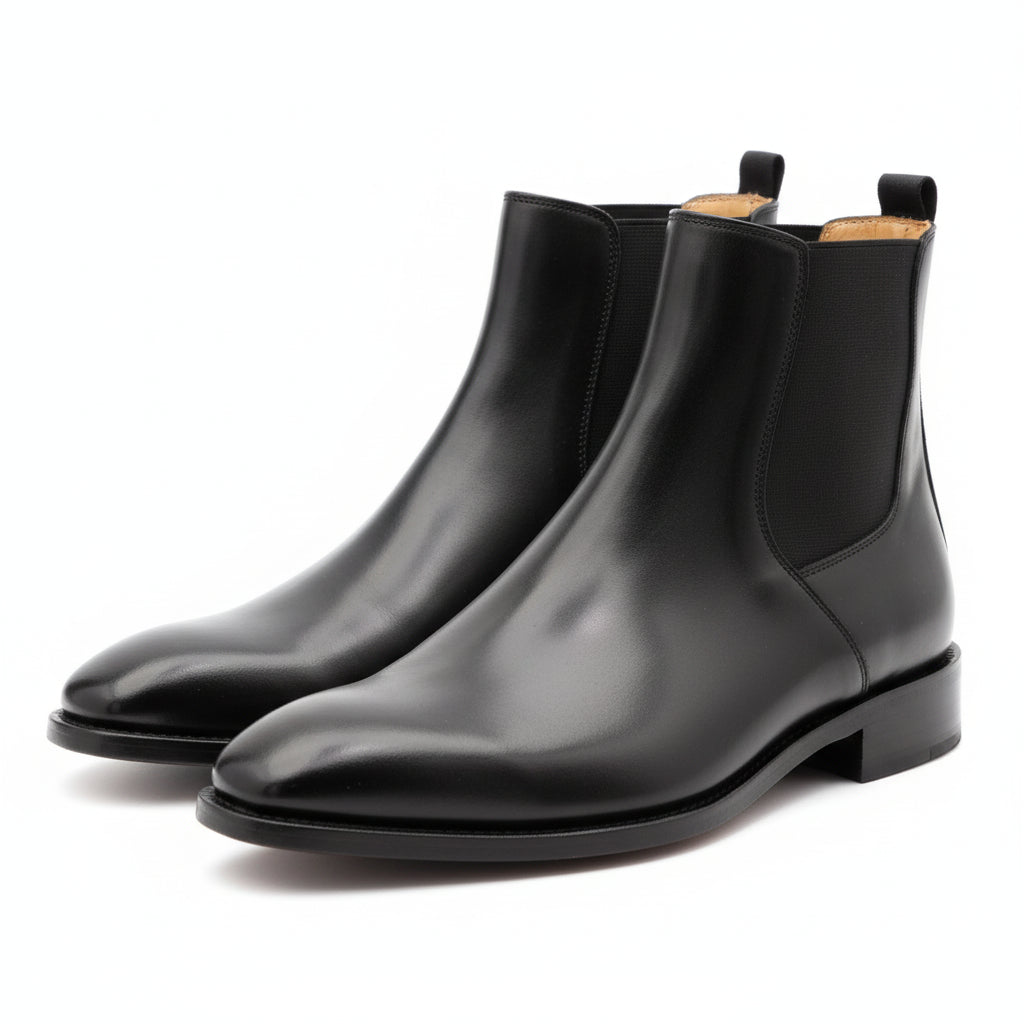 Men's Black Leather Chelsea Boots, Formal Ankle Boots - three-quarter-view