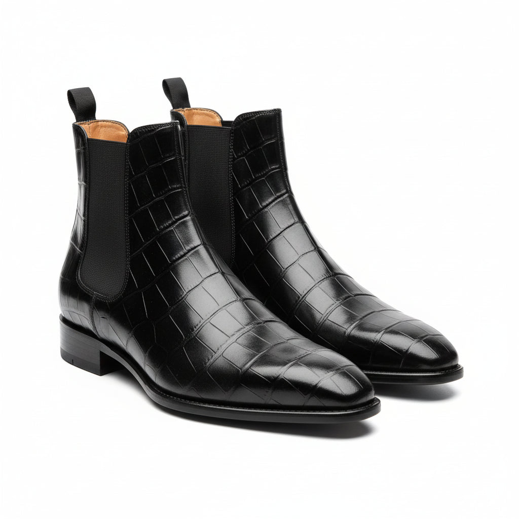 three-quarter-view - Men's Black Leather Chelsea Boots with Crocodile Print
