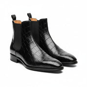 three-quarter-view - Men's Black Leather Chelsea Boots with Crocodile Print