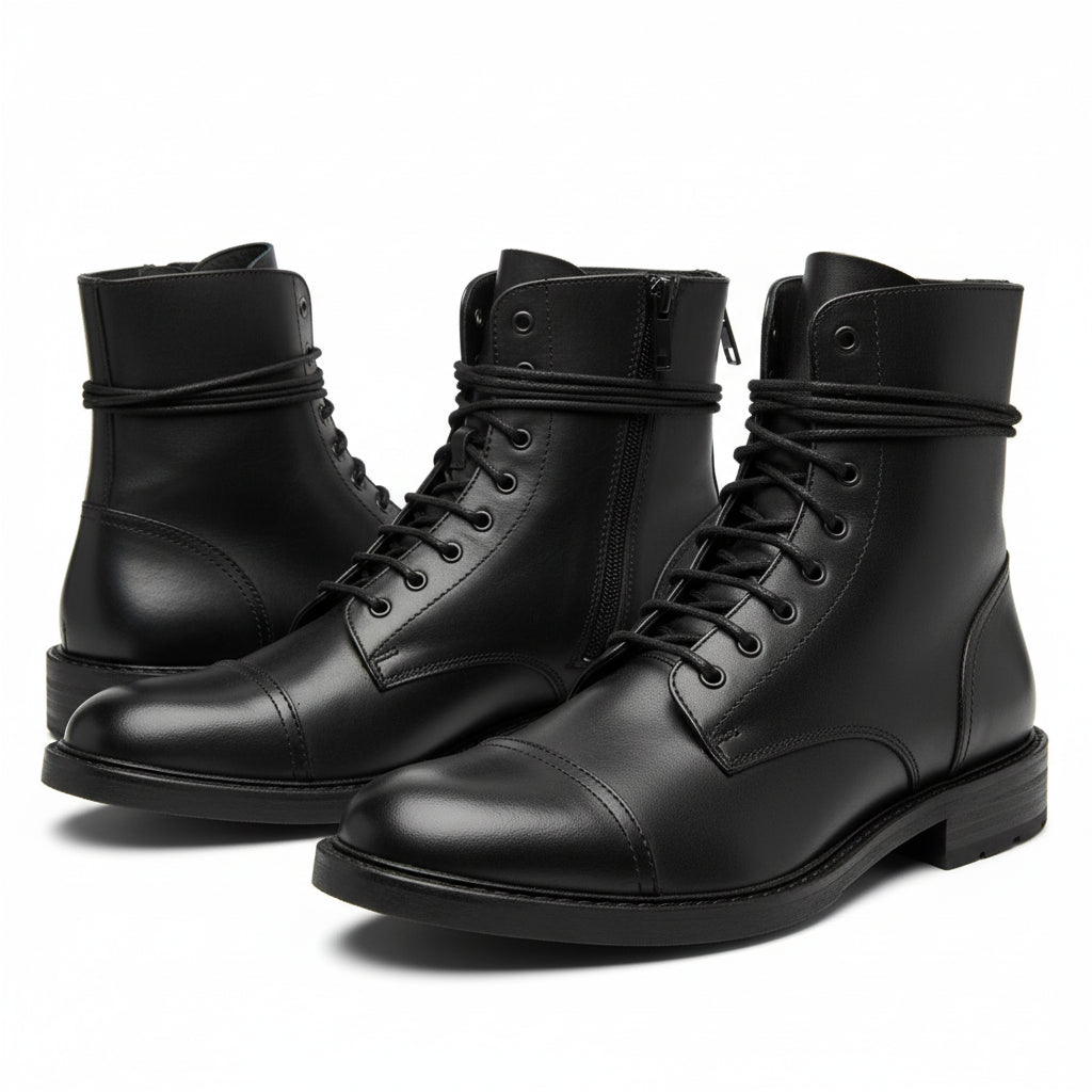 three-quarter-view - Men's Black Leather Combat Boots with Lace-Up Design