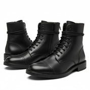 three-quarter-view - Men's Black Leather Combat Boots with Lace-Up Design