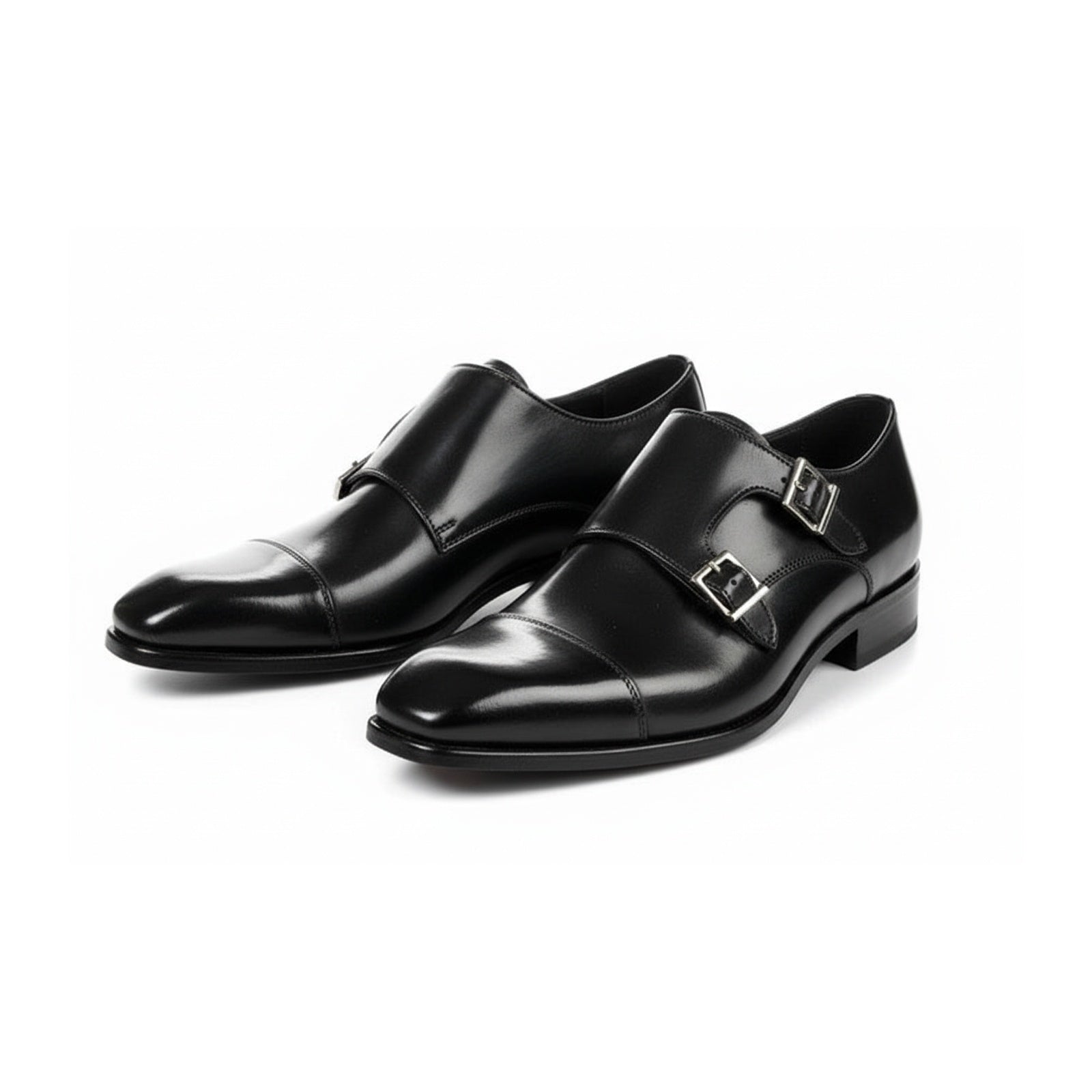 three-quarter-view - Men's Black Leather Double Buckle Dress Shoes