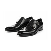 three-quarter-view - Men's Black Leather Double Buckle Dress Shoes