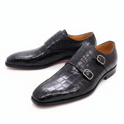 three-quarter-view - Men's Black Leather Double-Buckle Monk Shoes with Crocodile Pattern