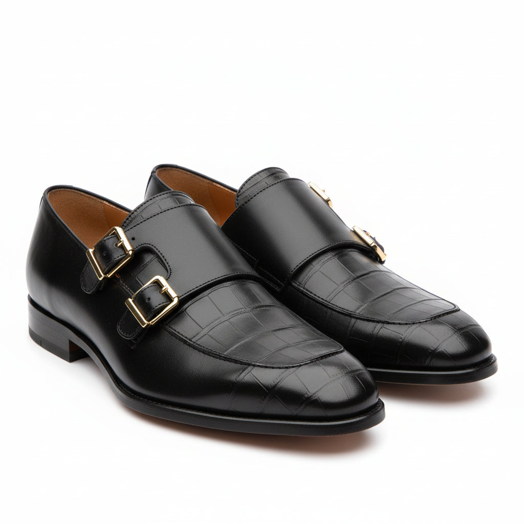 three-quarter-view - Men's Black Leather Double Monk Moccasin Shoes
