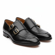 three-quarter-view - Men's Black Leather Double Monk Moccasin Shoes