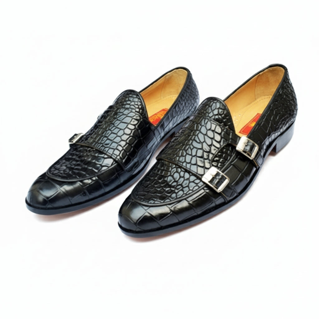 three-quarter-view - Men's Black Leather Double Monk Moccasin Shoes