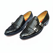 three-quarter-view - Men's Black Leather Double Monk Moccasin Shoes