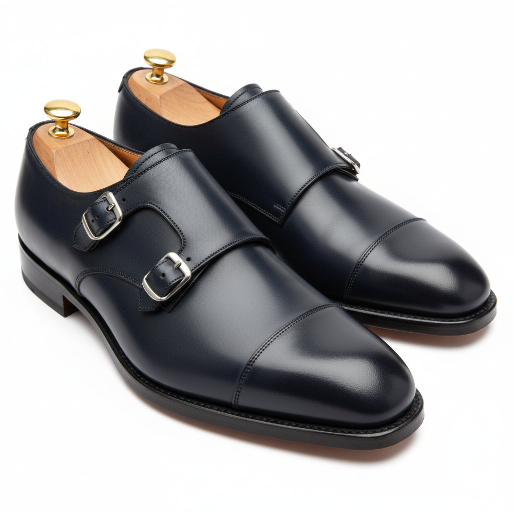 three-quarter-view - Men's Black Leather Double Monk Shoes