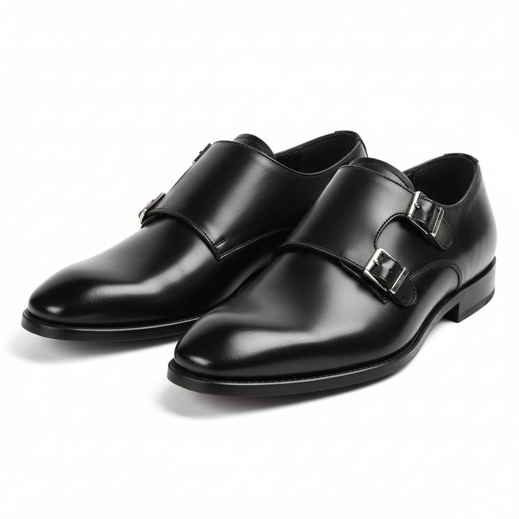 three-quarter-view - Men's Black Leather Double Monk Strap Dress Shoes