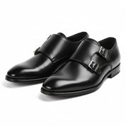 three-quarter-view - Men's Black Leather Double Monk Strap Dress Shoes