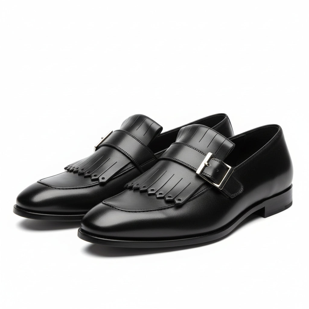 three-quarter-view - Men's Black Leather Fringe Buckle Loafers