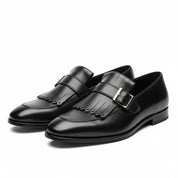 three-quarter-view - Men's Black Leather Fringe Buckle Loafers