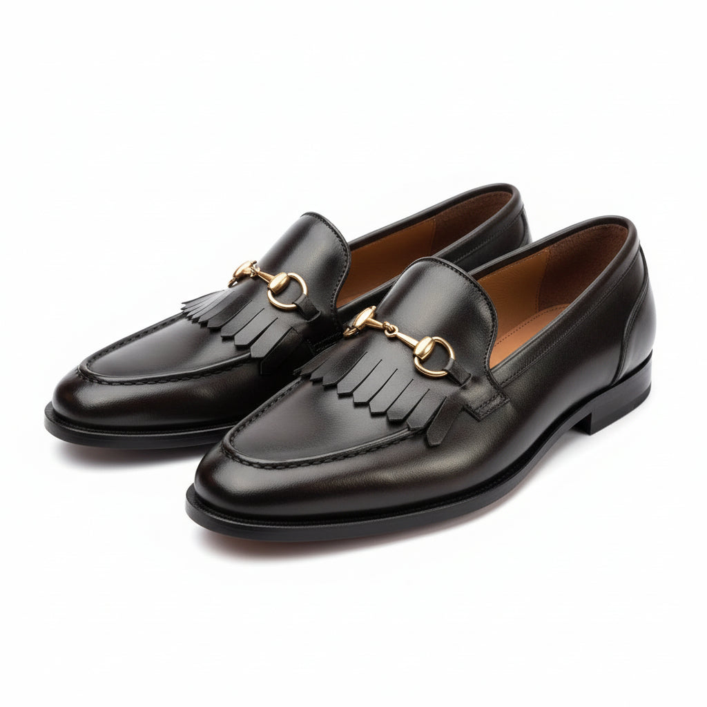 three-quarter-view - Men's Black Leather Fringe Loafer Moccasins
