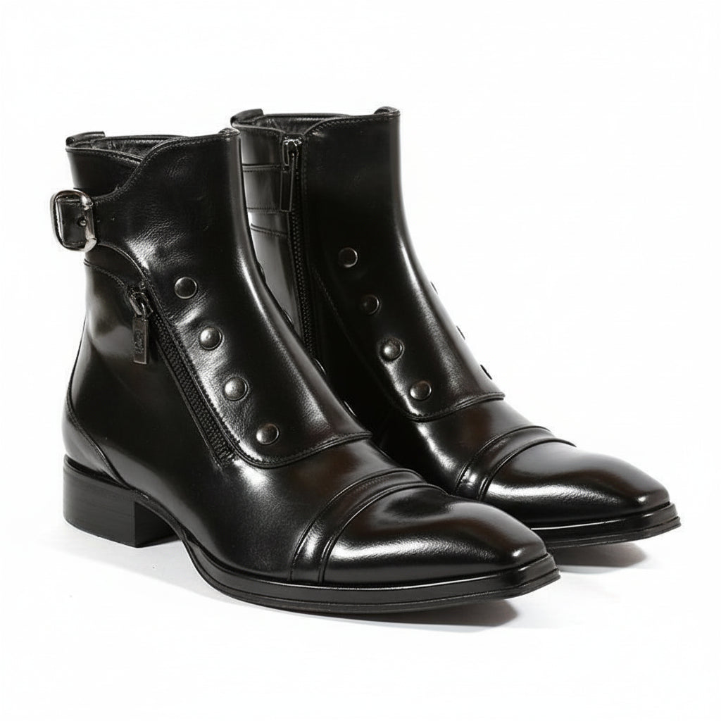 three-quarter-view - Men's Black Leather High Ankle Boots with Side Button & Zipper