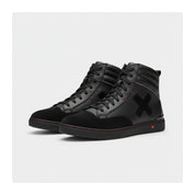 three-quarter-view - Men's Black Leather High-Top Motorcycle Sneakers