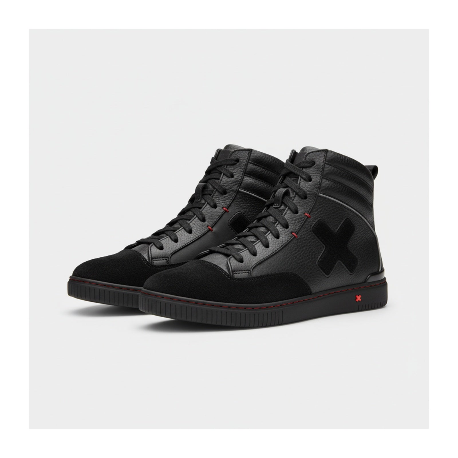 three-quarter-view - Men's Black Leather High-Top Motorcycle Sneakers