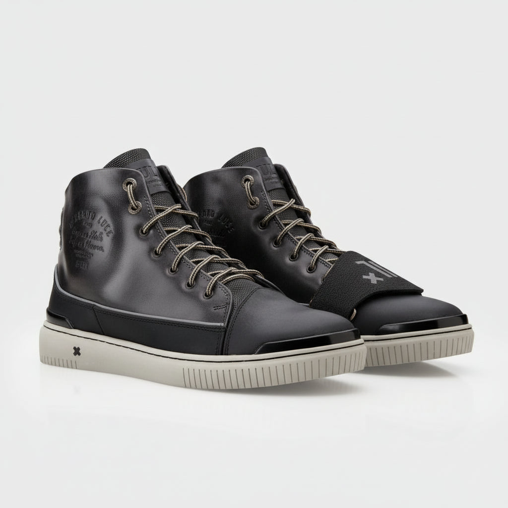 three-quarter-view - Men's Black Leather High-Top Sneakers