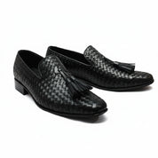 three-quarter-view - Men's Black Leather Knitted Dress Shoes
