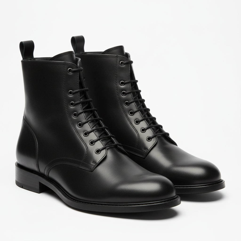 three-quarter-view - Men's Black Leather Lace-Up Ankle Boots