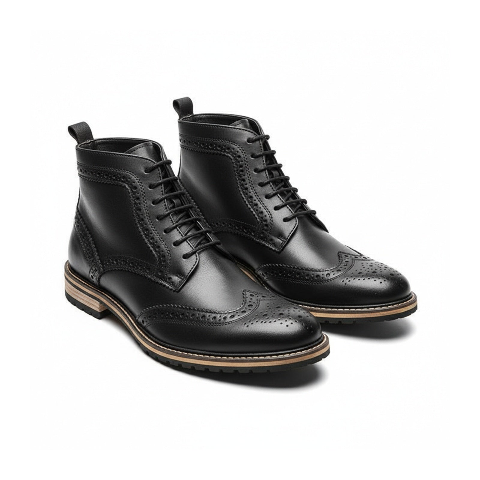 three-quarter-view - Men's Black Leather Lace-Up Boots