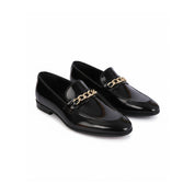 three-quarter-view - Men's Black Leather Loafers with Chunky Chain