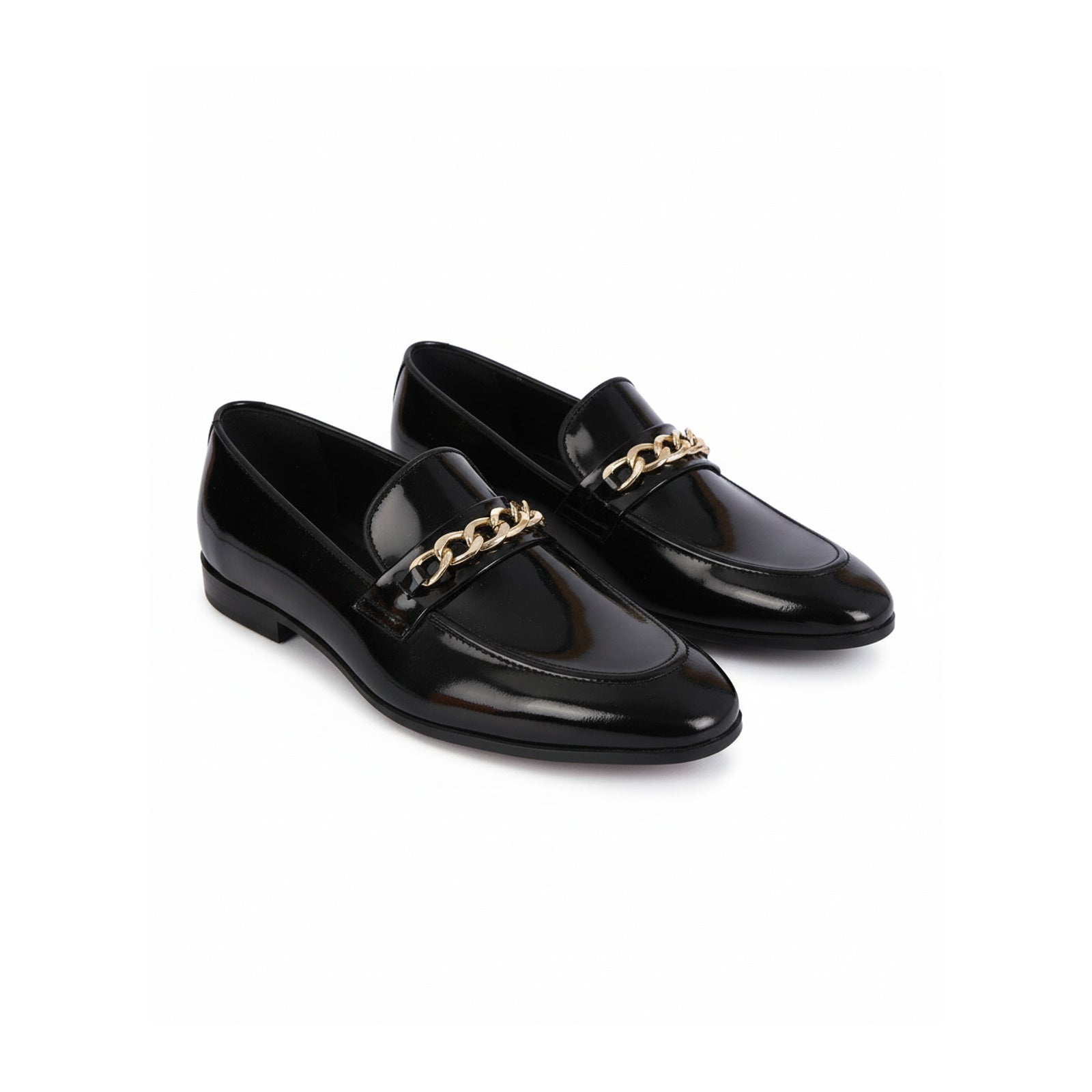 three-quarter-view - Men's Black Leather Loafers with Chunky Chain