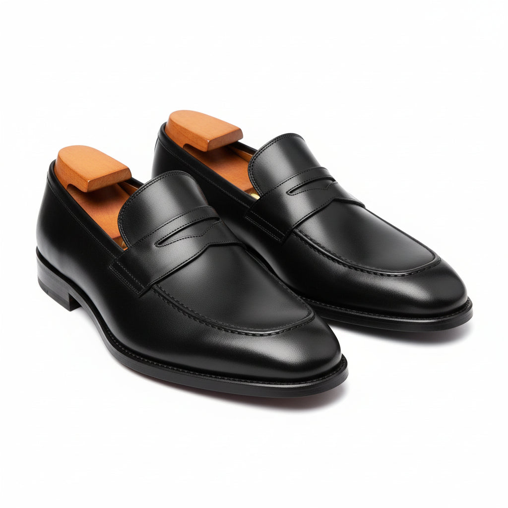 three-quarter-view - Men's Black Leather Moccasins | Elegant Dress Design